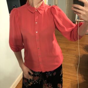 Nanette lepore Pink button up button up blouse with ballon sheer sleeves